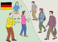 Hier ist ein Bild zu sehen: Das Bild wird durch eine Linie geteilt die eine Grenze symbolisieren soll. Links im Bild ist Deutschland durch eine Flagge oben links gekennzeichnet. Auf der Seite stehen drei Menschen und halten die Arme offen Richtung rechte Seite vom Bild. Auf der rechten Seite des Bildes ist das Ausland zu sehen. Drei Menschen laufen mit Gepäck Richtung deutscher Grenze. 
