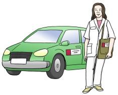 Hier ist ein Bild von einem Pflegedienst Auto und einer Pflegerin zu sehen.