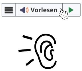 Hier ist ein Kasten zu sehen, in dem das Wort "Vorlesen" steht sowie eine Computermaus, die auf diesen Kasten klickt. Darunter sieht man eine Zeichnung eines Ohres. Hier ist ein Kasten zu sehen, in dem das Wort "Vorlesen" steht sowie eine Computermaus, die auf diesen Kasten klickt. Darunter sieht man eine Zeichnung eines Ohres.