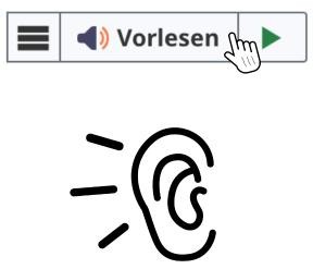Hier ist ein Kasten zu sehen, in dem das Wort "Vorlesen" steht sowie eine Computermaus, die auf diesen Kasten klickt. Darunter sieht man eine Zeichnung eines Ohres.