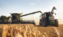Hier ist ein Foto von einem Traktor zu sehen der ein Weizenfeld erntet.