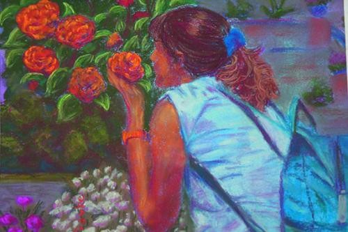 Hier ist eine Pastellzeichnung von einer Frau, die an einer Rose riecht zu sehen.